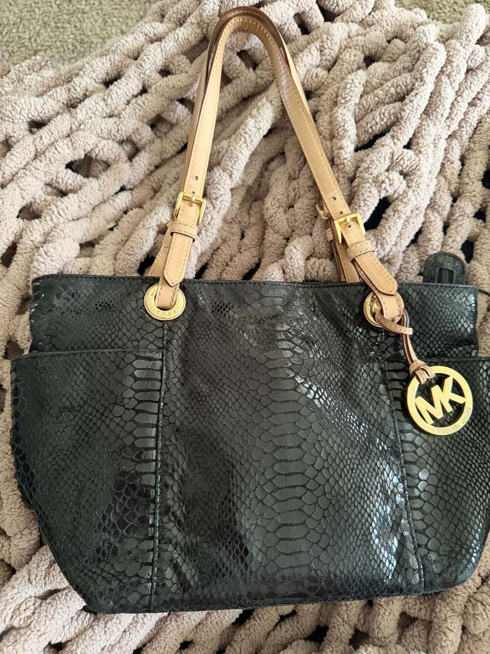 Michael Kors Black Patent Python Embossed Snakeskin Tote Bag